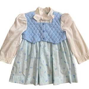 Vintage Girls Baby Blue Dress Polka Dot Flowers